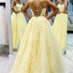A line Round Neck Yellow Tulle Lace Prom Dresses Formal Dresses PSK032