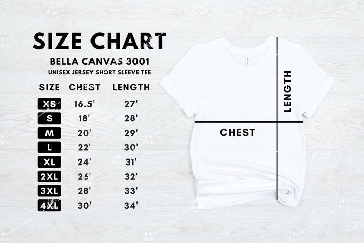 Bella Canvas 3001 White T shirt Size Chart Mockup Unisex 844914
