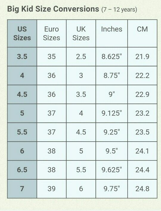Big Kid Shoe Size Conversion Chart 7 Through 12 Years Shoe Size 