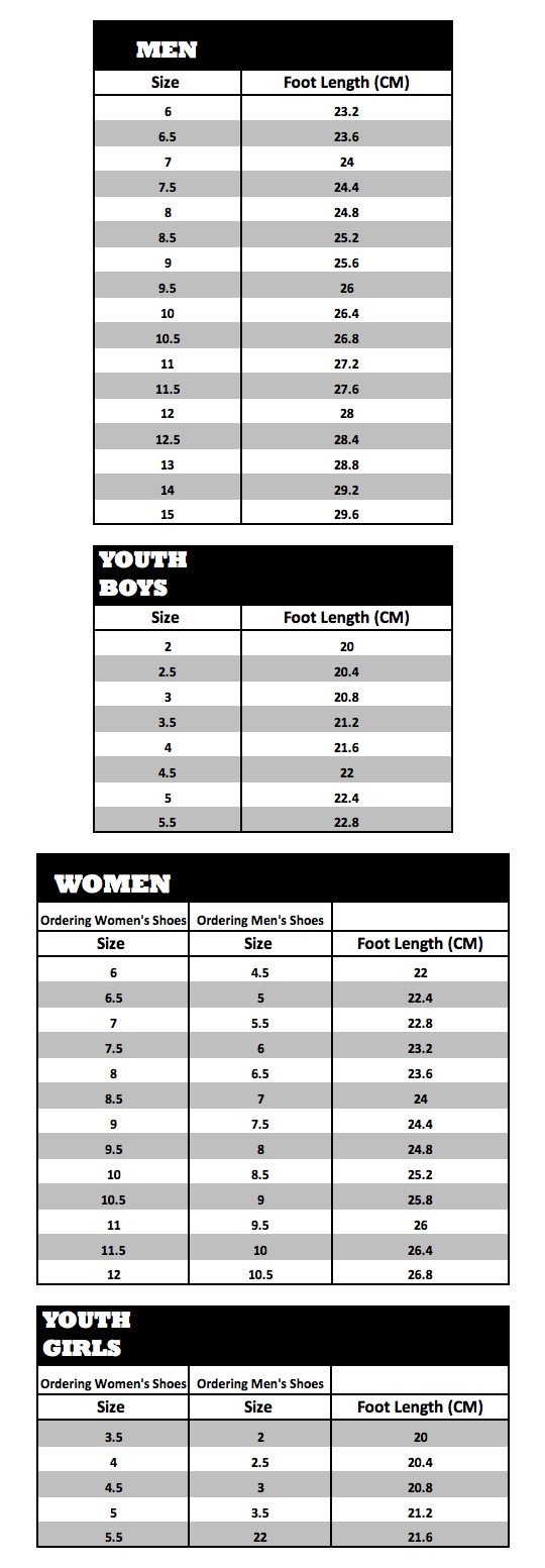 Boombah Footwear Sizing Chart