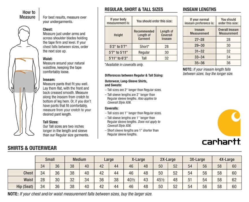 Carhartt Size Guide - Size-Chart.net
