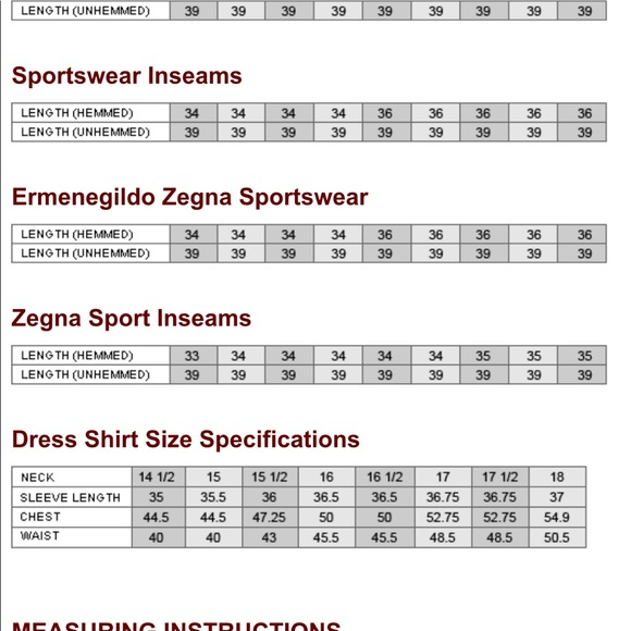 Ermenegildo Zegna Shirt Size Chart - Size-Chart.net