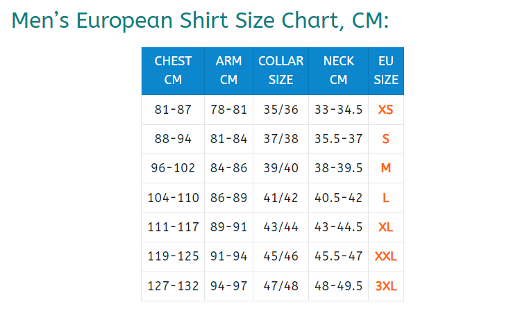 European Shirt Size Chart Conversion The International