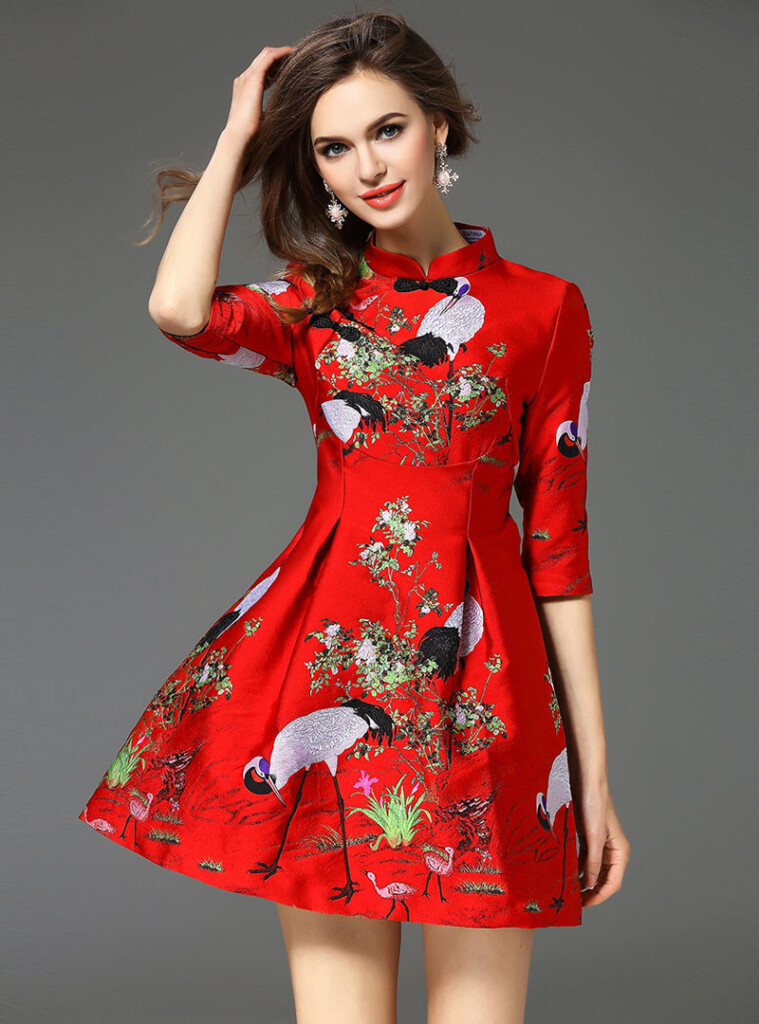 Floral Crane Embroidered Cheongsam Mini Dress Fancylooks