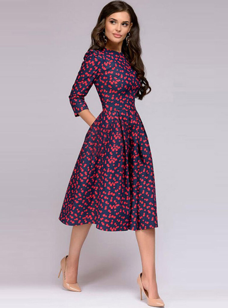 Floral Printed Cinched Waist Round Neck Party Midi Dress Fancylooks