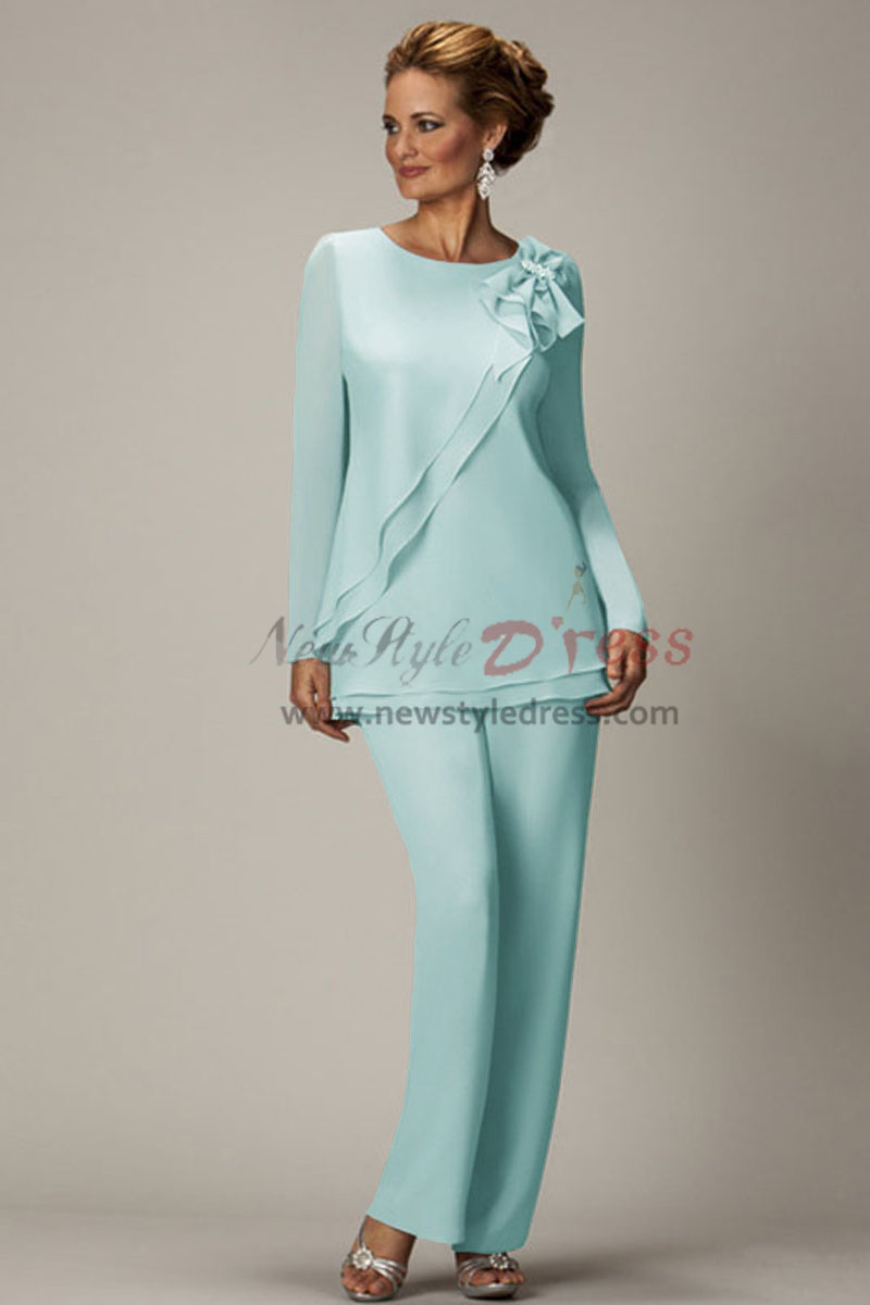 Long Sleeves Light Gray Two Piece Chiffon Mother Of The Bride Pants