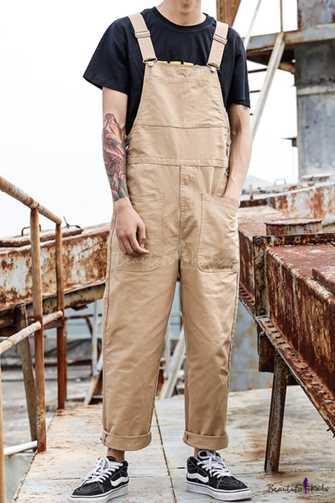 Men s Vintage Solid Color Large Pocket Front Loose Casual Work Bib 