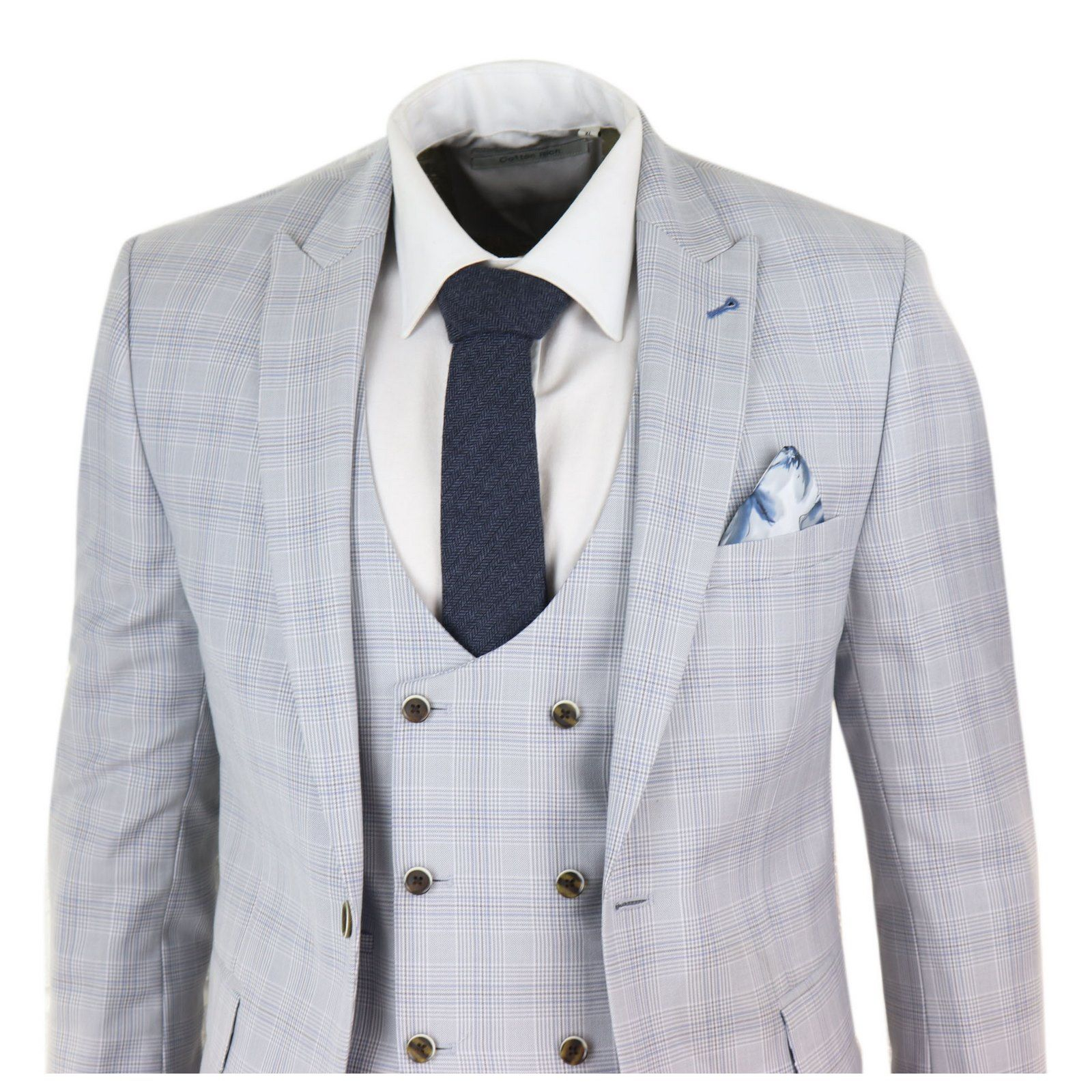 Mens Blue 3 Piece Suit With Double Breasted Waistcoat Happy Gentleman ...