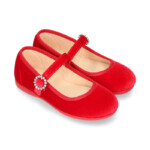 New RED VELVET Canvas Mary Jane Shoes With DIAMOND Style Buckle Fastening