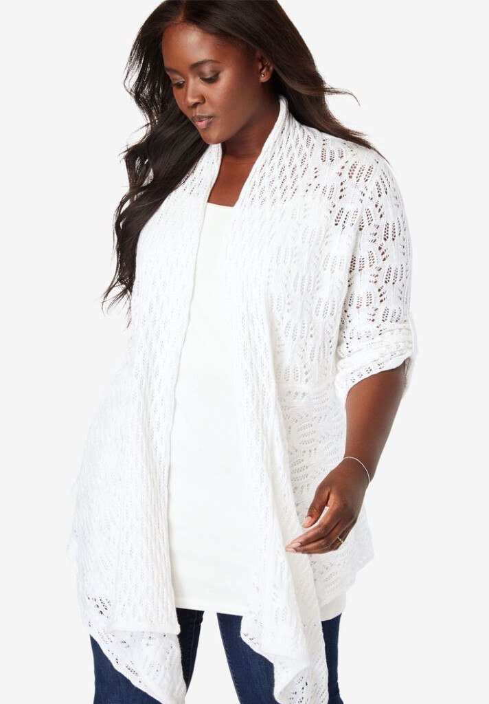 Open Front Pointelle Cardigan WHITE Pointelle Cardigan Plus Size 