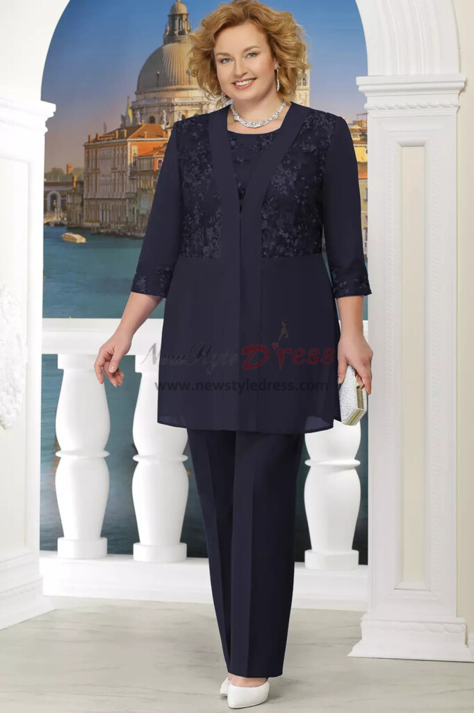 Plus Size Mother Of The Bride Pant Suit With Elastic Waist 3PC Trousers 