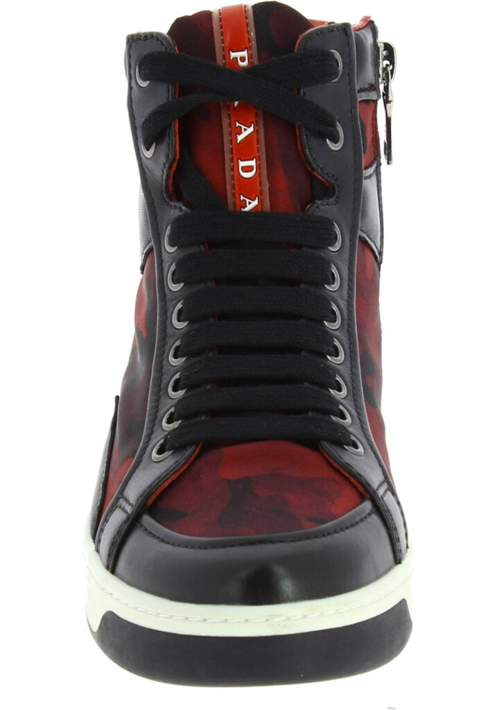 Prada Women s High Top Camouflage Print Sneakers In Red black Leather 