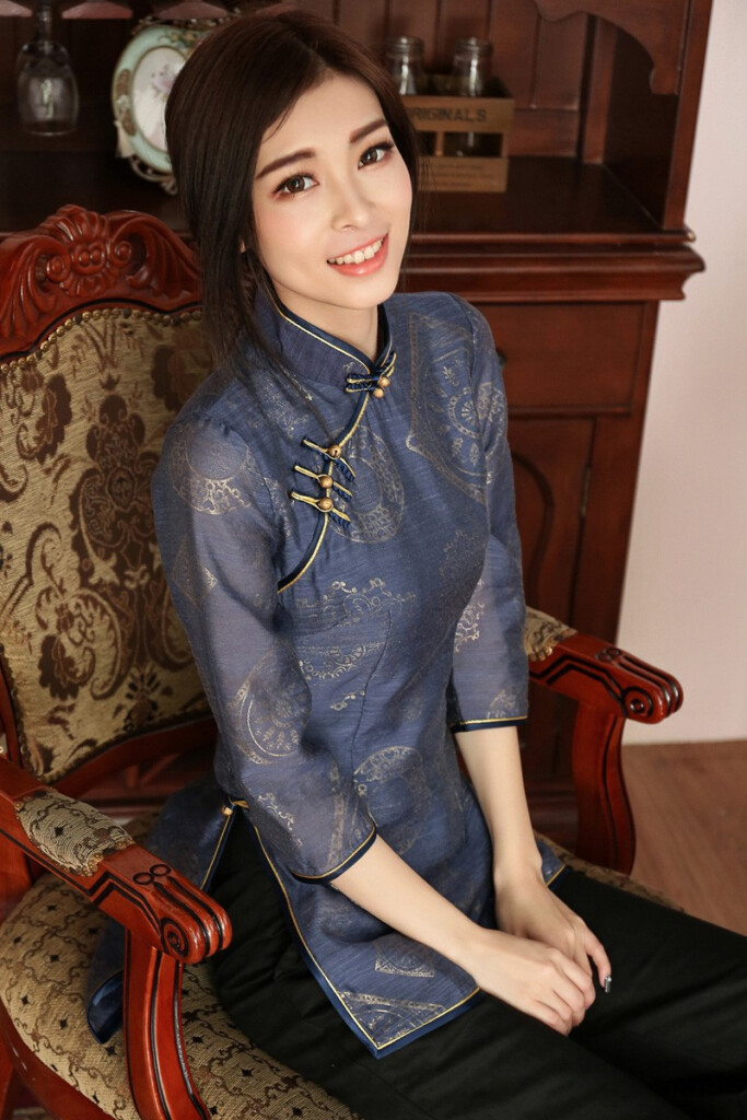 Pretty Print Back Zip Cheongsam Qipao Shirt Blue Chinese Shirts 