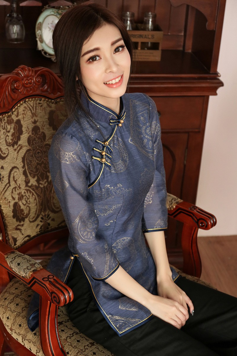 Pretty Print Back Zip Cheongsam Qipao Shirt Blue Chinese Shirts