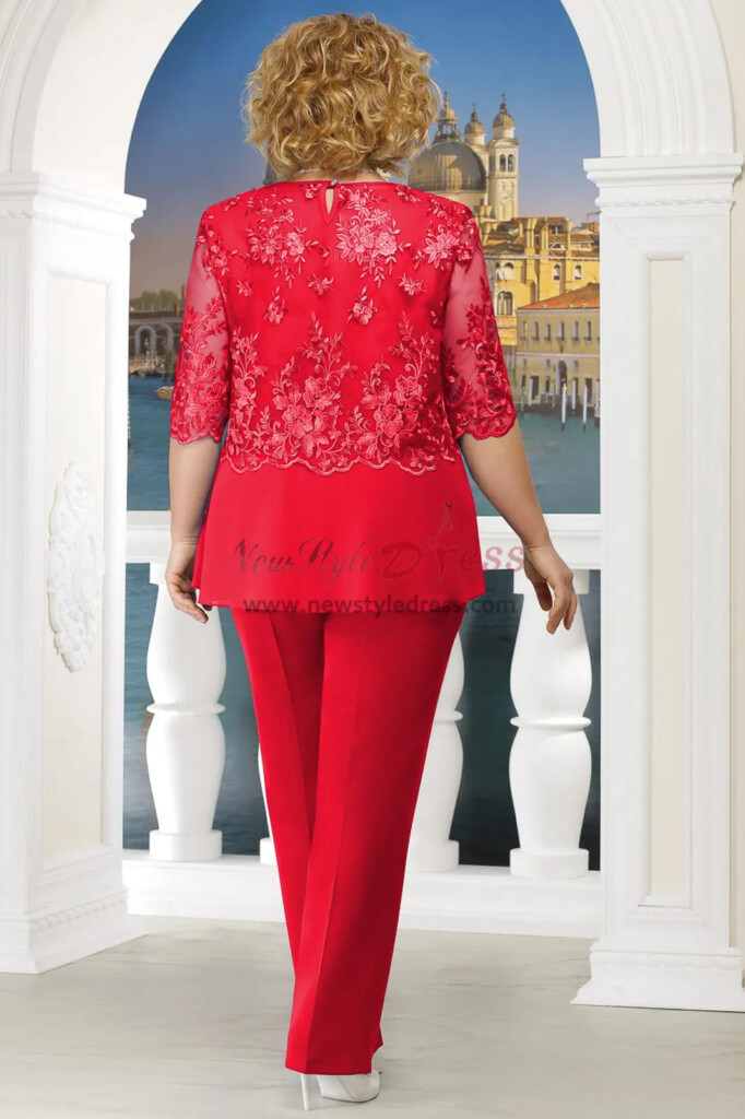 Red Plus Size Mother Of The Bride Pant Suit Women 3PC Trousers Outfits 