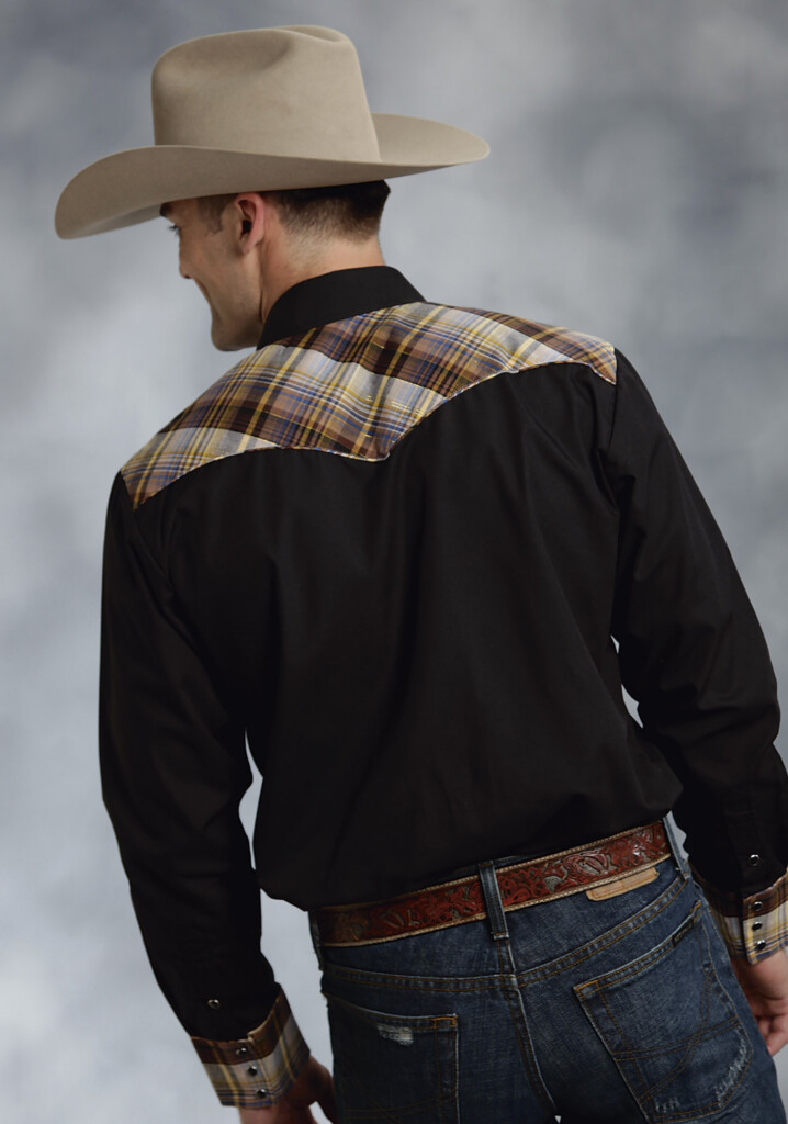 Roper Mens Black Fancy Yoke Long Sleeve Snap Retro Cowboy Shirt
