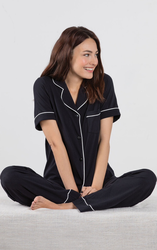 Solid Jersey Short Sleeve Boyfriend Pajamas Black In Cotton Pajamas 