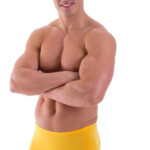Square Cut Seamless Swim Trunks In ThinSKINZ Semi Sheer Sunset Yellow