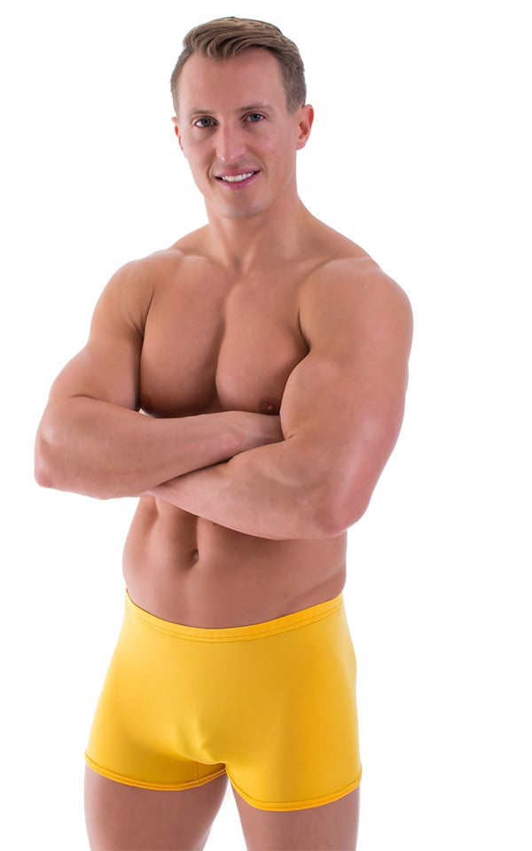 Square Cut Seamless Swim Trunks In ThinSKINZ Semi Sheer Sunset Yellow