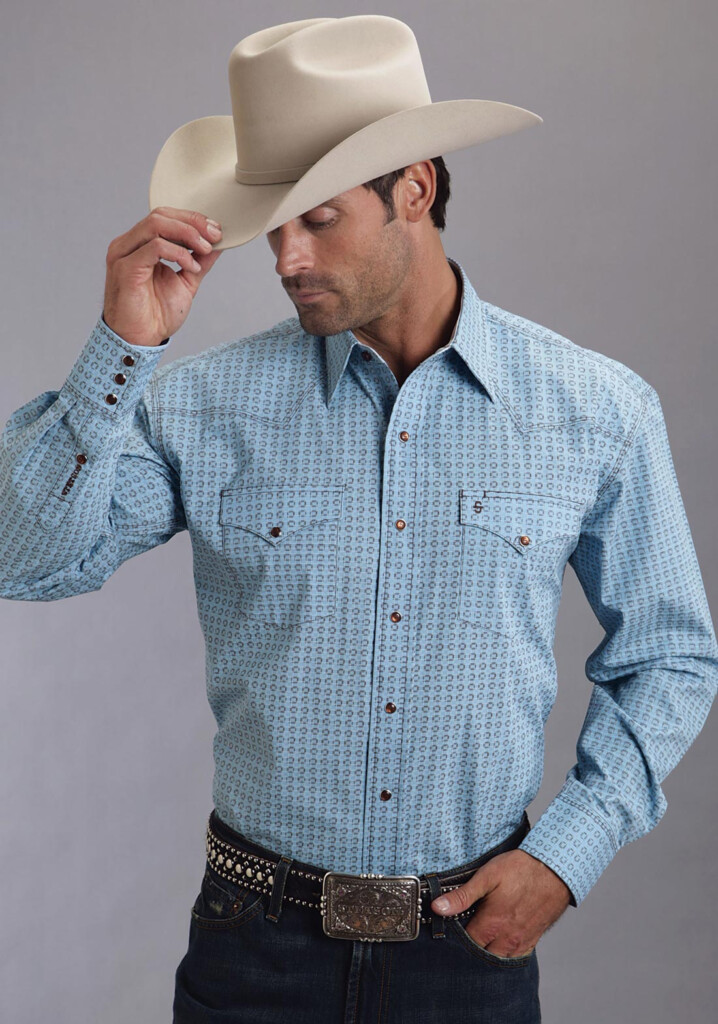 Stetson Men s Blue SMALL BOX POPLIN PRINT WESTERN SHIRT