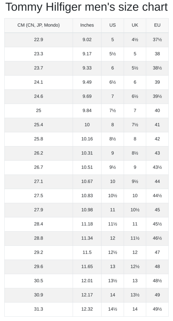 Tommy Hilfiger Men s And Women s Size Chart RunRepeat