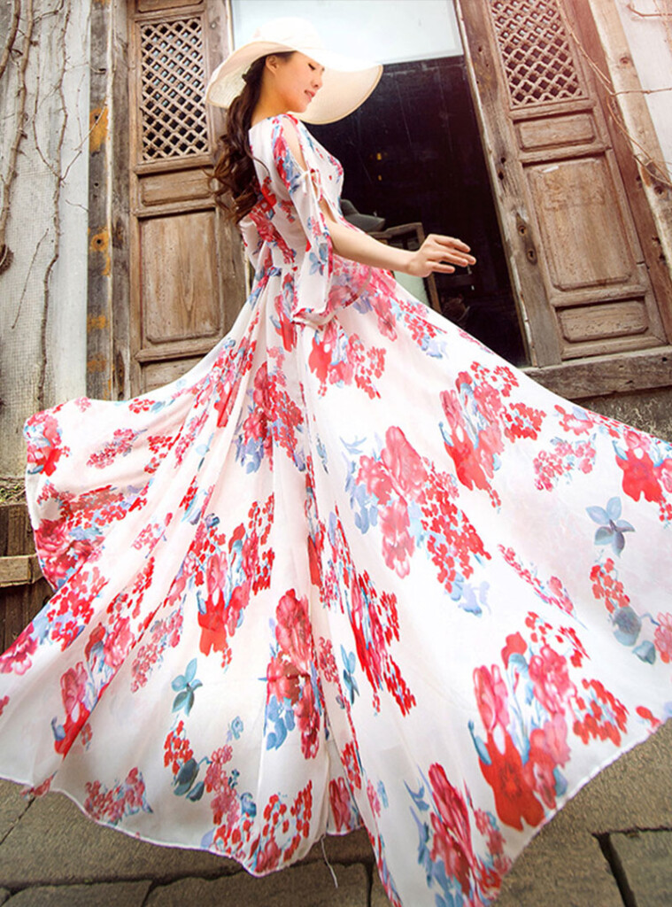 Trendy Short Sleeve Floral Printed Chiffon Maxi Dress Fancylooks