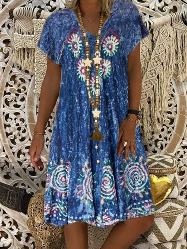 Women Chic Plus Size Vintage Boho Hippie Holiday V Neck Cotton Short