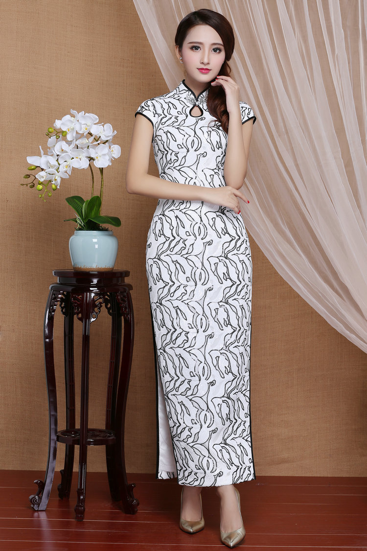 Wonderful Cap Sleeve Beaded Qipao Cheongsam Long Dress Qipao